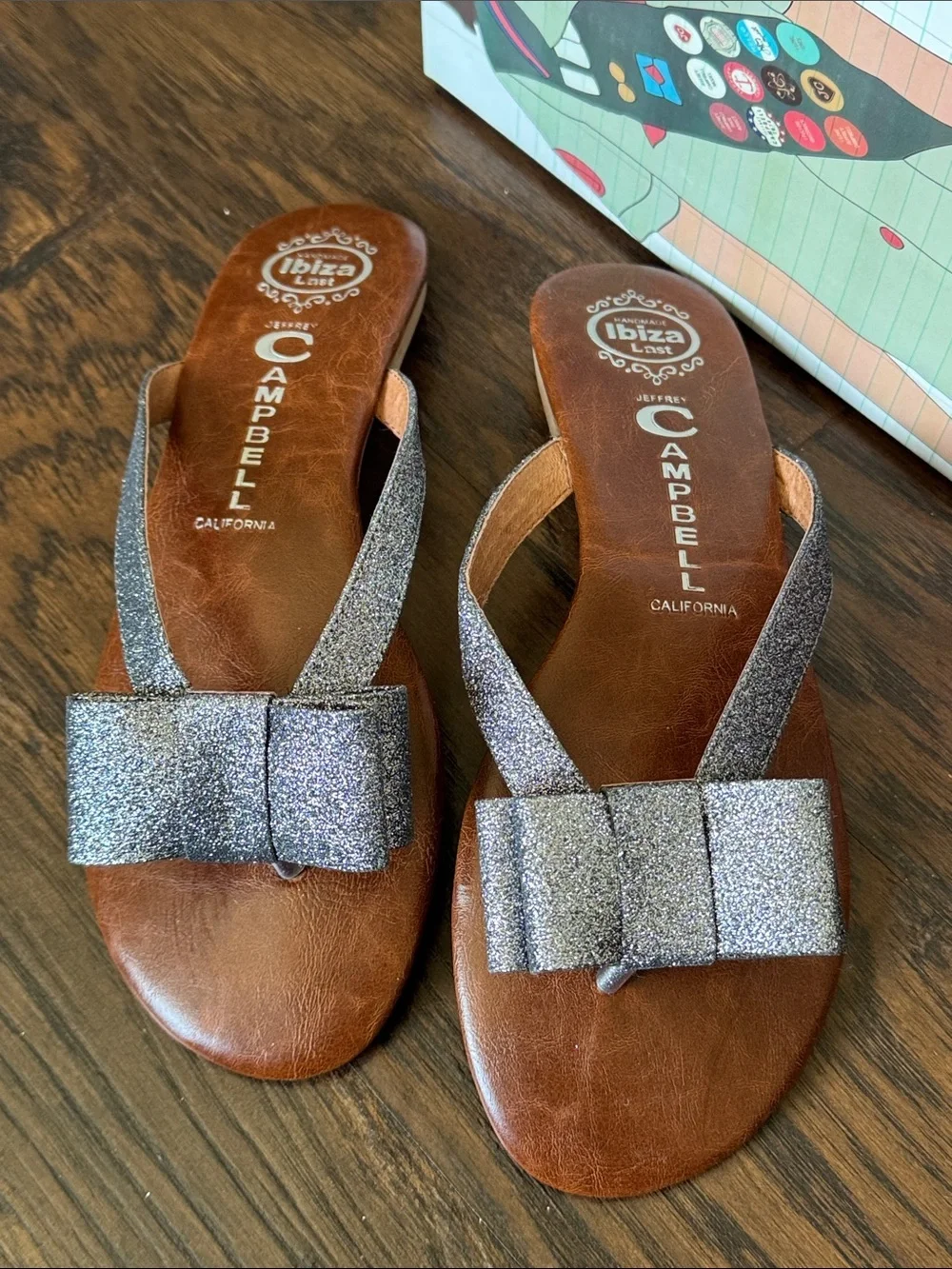 Jeffrey Campbell New Brown Leather Sandals with Sparkly Silver Glitter Bow